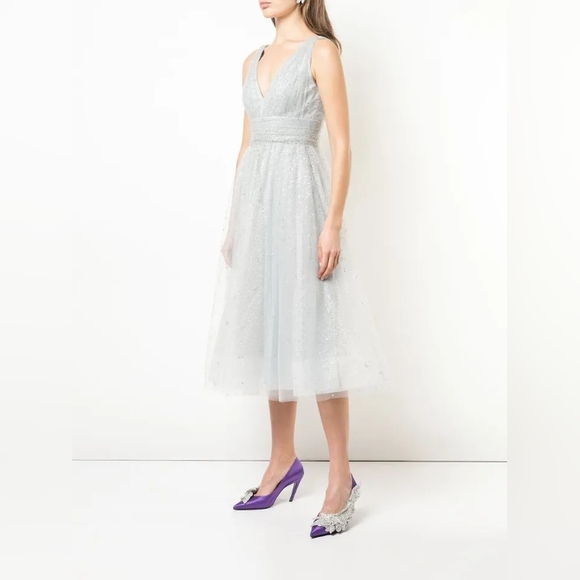 NWT MARCHESA NOTTE Glitter Tulle V-Neck Empire Waist A-Line Dress 8 Silver - Picture 6 of 12